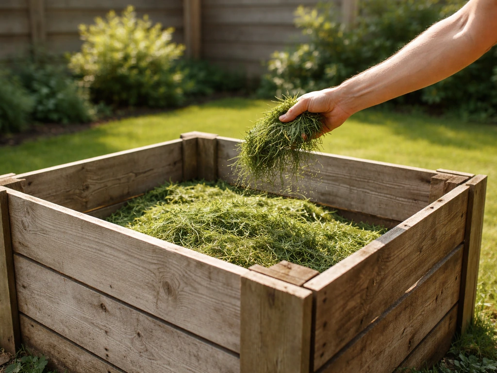 Hand die vers gemaaid gras in een open compostbak kiept in een Nederlandse tuin, zomerse dag