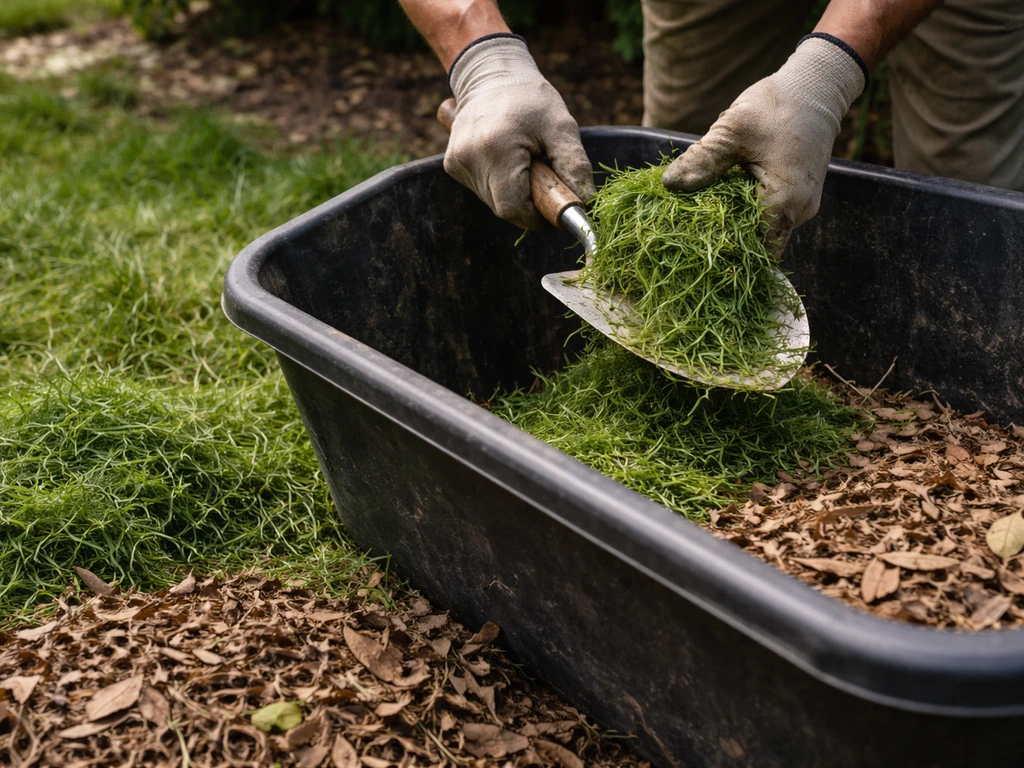 Handen met gras van de tuintuin in een bak, gereedschap erbij en bruin tuinafval voor mengverhouding