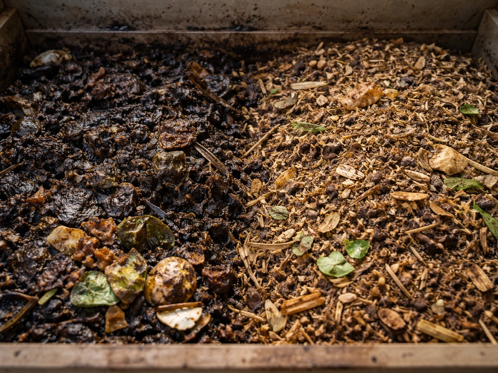 Close-up van nat, slibachtig stinkende compost naast droger, losser mengsel voor beluchting.