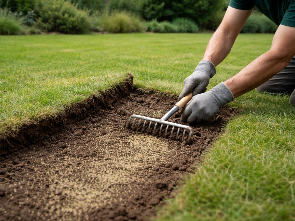 Tuinier bij een opengewerkt Engels grasveld met losse grasmat en zichtbare grond/zaad, in NL