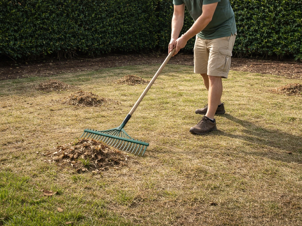 Kortgemaaid gazon met zichtbare harkvegen en losgehaalde toplaag, klaar om te verticuteren.