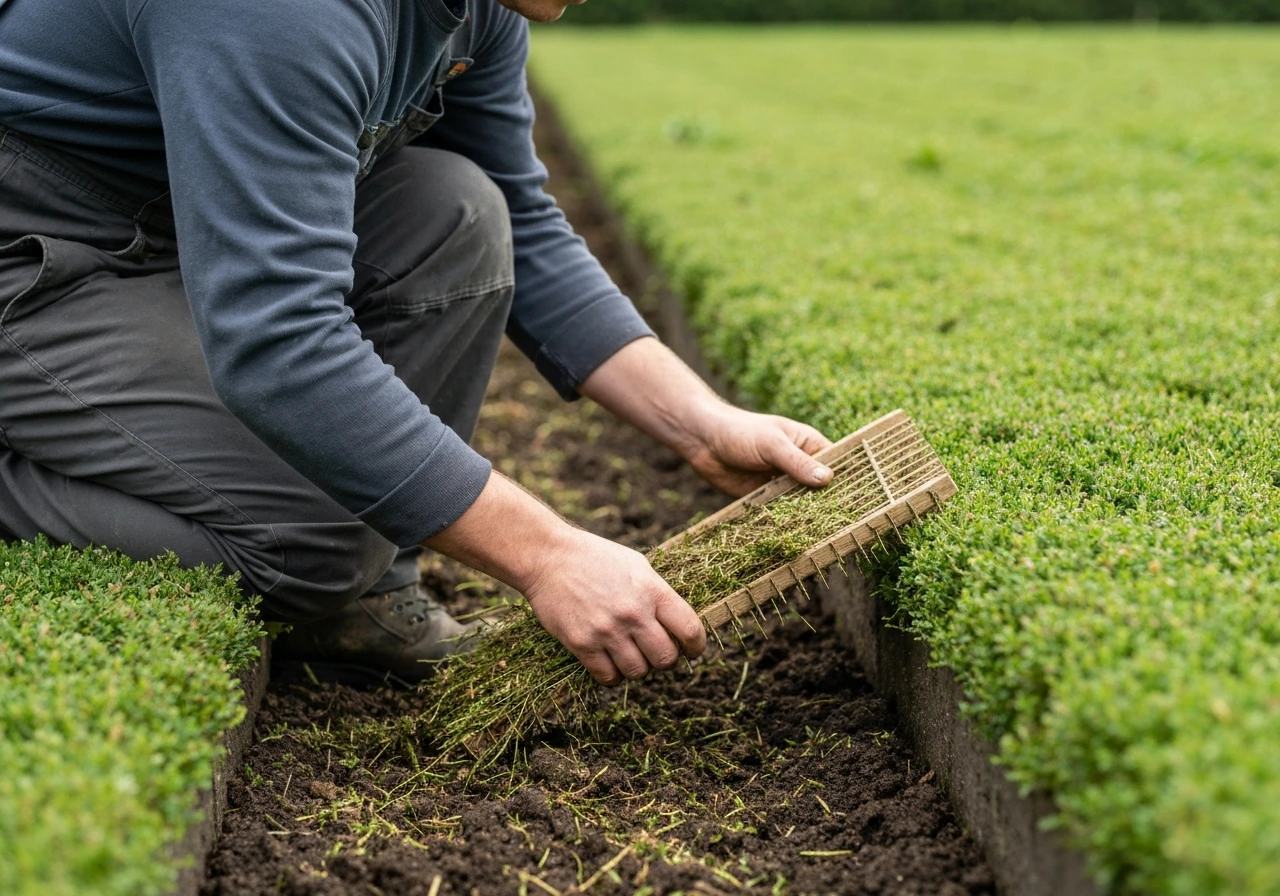 Tuinier harkt dode grassprieten weg en maakt de bodem los tot ca. 1 cm op een kale plek in het gazon.