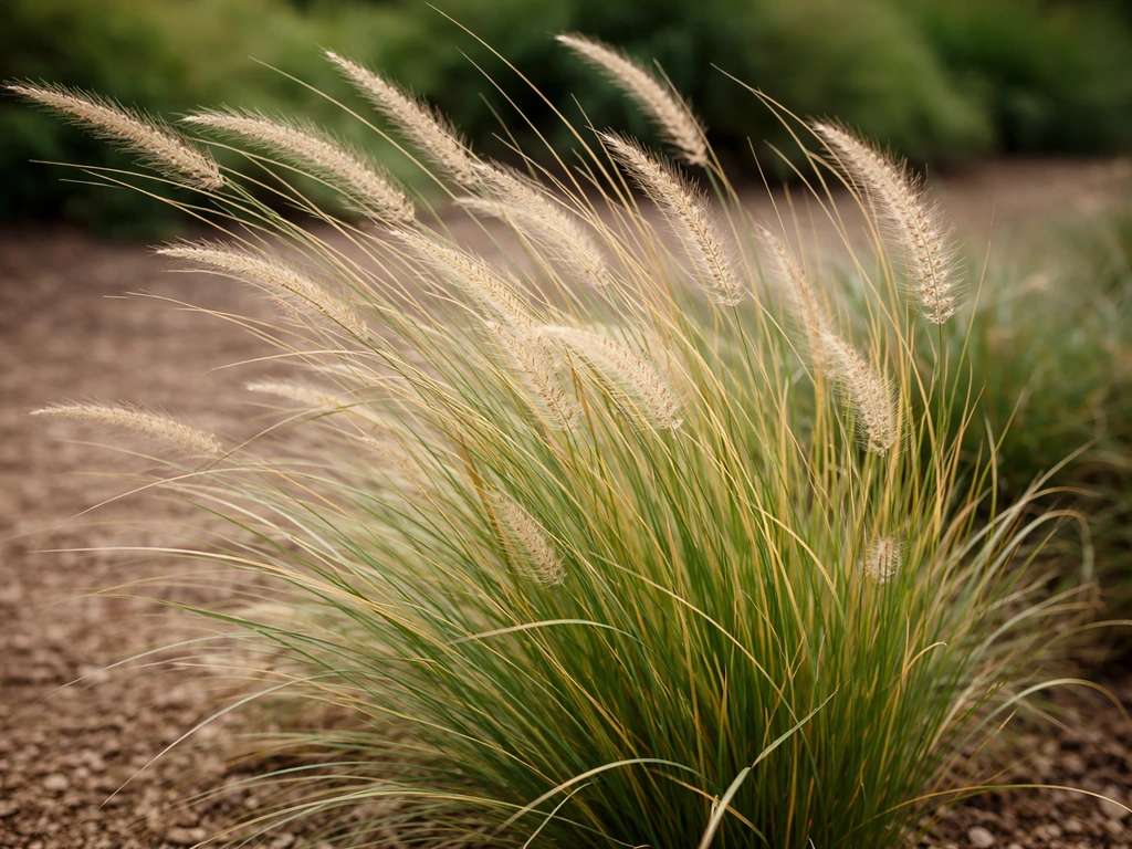 Close-up van warmteminnend siergras in een tuin, zacht in de wind, zonder mensen of tekst.