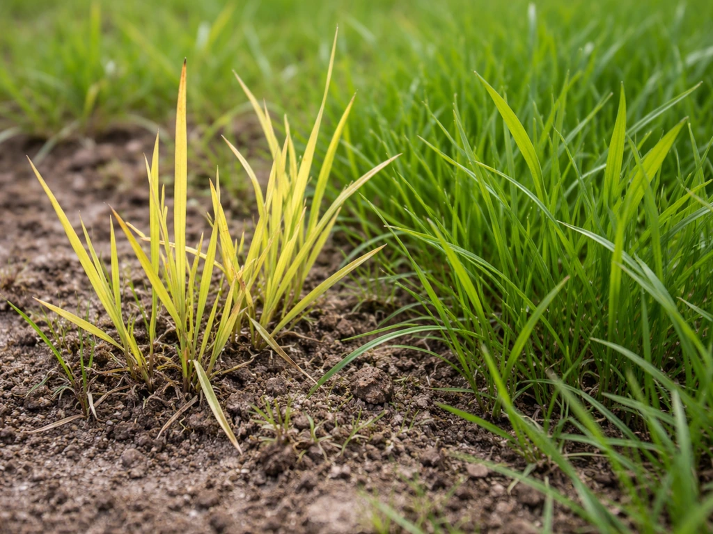 Close-up van vergeeld gras naast gezond groen gras, alsof het door chloor is aangetast