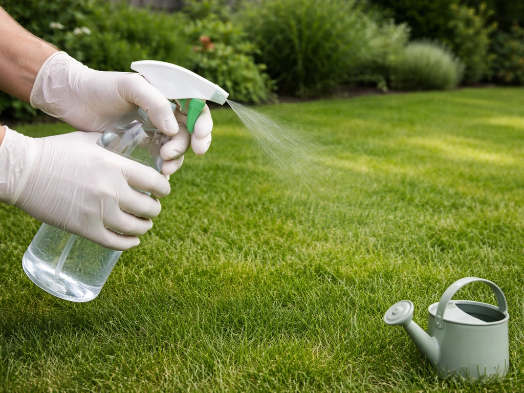 Hand met sprayfles en beschermingshandschoen bij groen gazon; waterstofperoxide als veilig alternatief, geen chloor zich