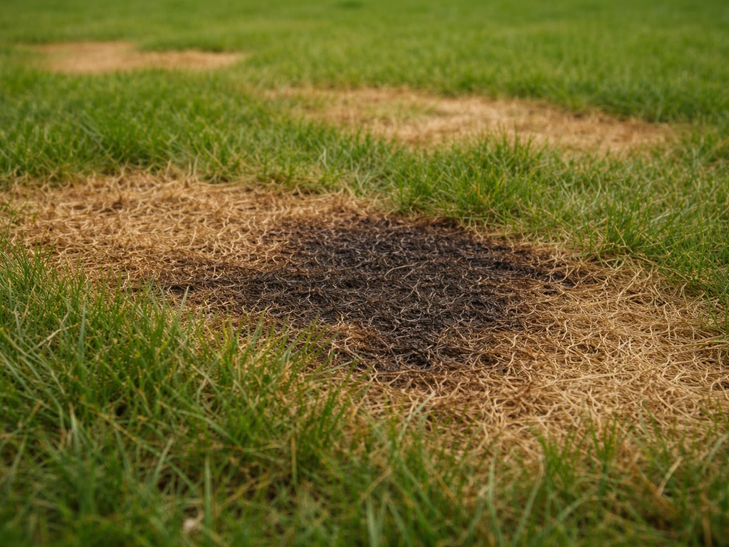 Nederlands gazon met duidelijke bruin/zwart verbrand uitziende plekken tussen gezond groen gras.