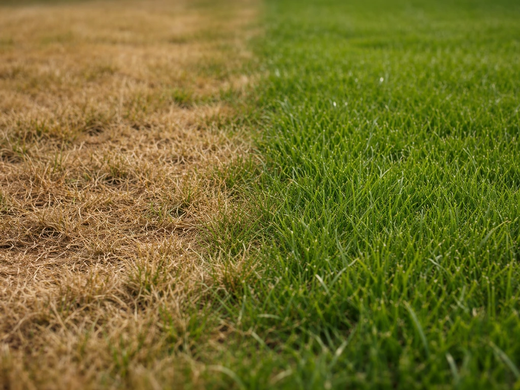 Gazon met bruine, uitgedroogde plekken naast een groen stuk gras, bij daglicht.