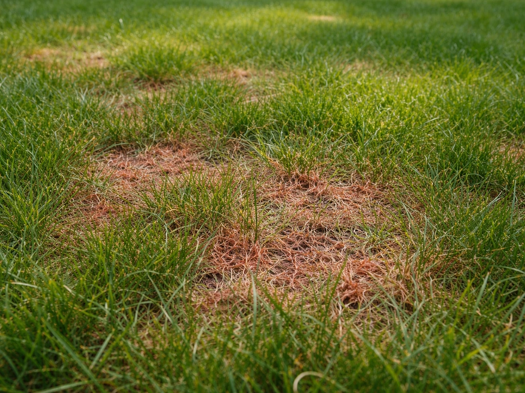Rode draad-achtige verkleuring op een Nederlands gazon, met licht aangetaste grassprieten in minimalistische foto.
