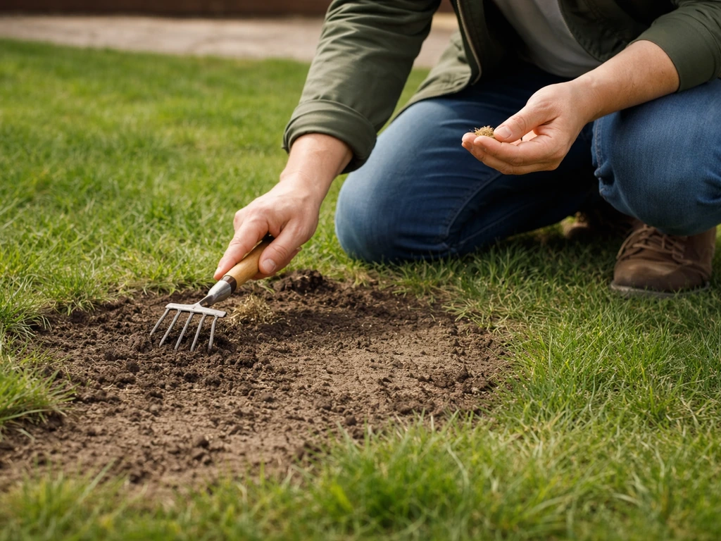 Iemand knielt bij beschadigd gazon en controleert bodem en gras, met een kleine hoeveelheid graszaad in de hand.