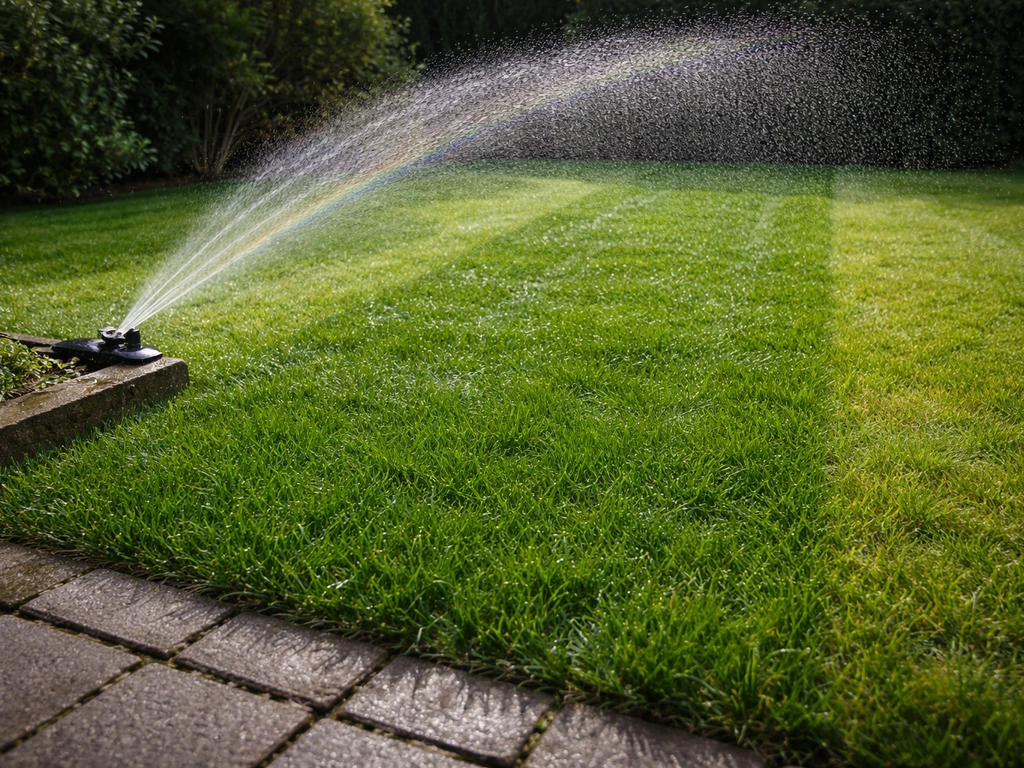 Gazon met sproeikop: duidelijk natte, dieper groene stroken tegenover drogere rand.