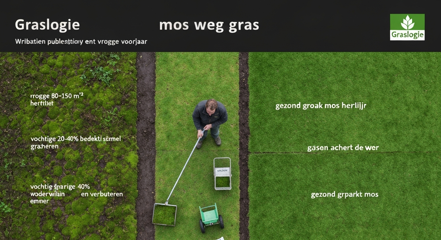 Overzichtsfoto van Nederlandse tuin waarbij een persoon mos uit het gazon harkt; duidelijk zichtbaar mossige plekken, gezond gras en tuingereedschap.