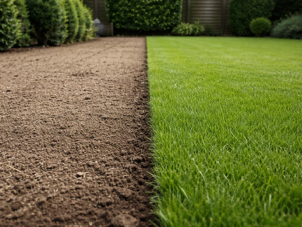 Strak Engels-raaigras gazon met nette overgang tussen voorbereid stuk grond en volle groene grasmat.
