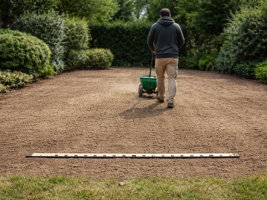 Zaaiklaar gazonperceel met anonieme persoon die een strooier gebruikt en een maatreferentie op de grond.