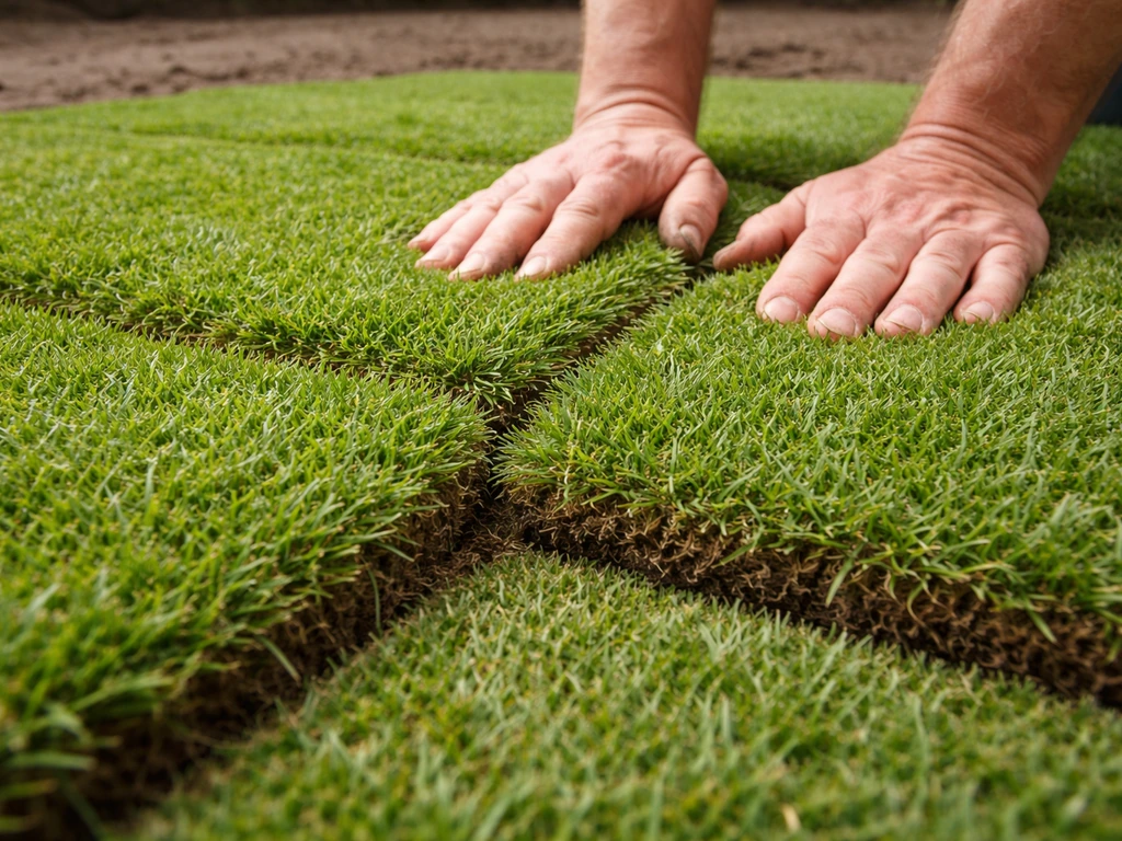 Close-up van graszoden die kant-aan-kant in halfsteensverband worden gelegd met minimaal zichtbare naad