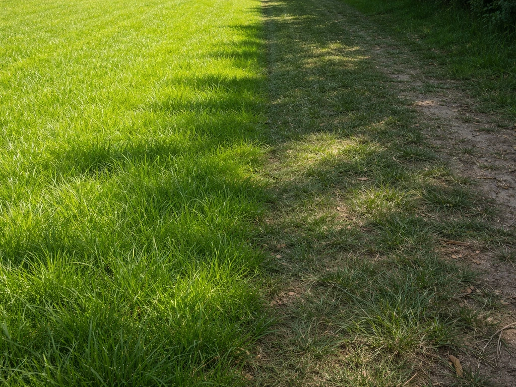Gezond Engels raaigras in de zon tegenover een schaduwrand met minder fris gras op dezelfde bodem.