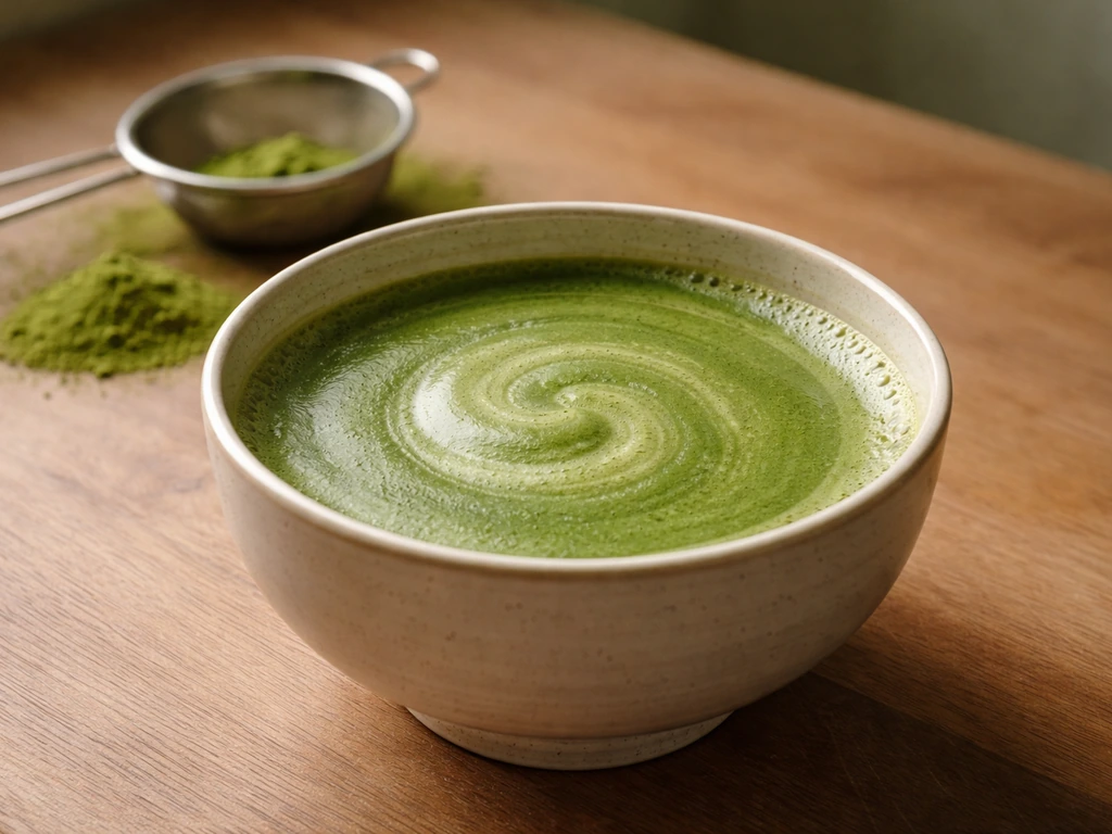 Groene matcha in een kom met rijk schuim en een zeef met poeder op de achtergrond.