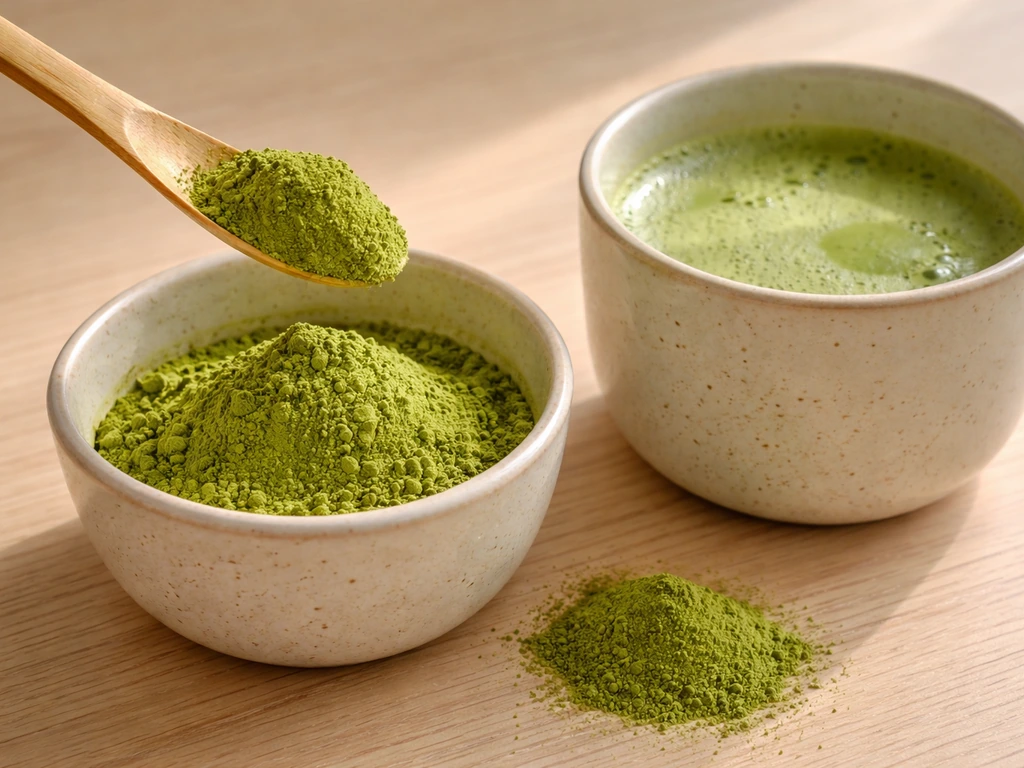 Close-up van vers matchapoeder en een kop lichtgroene matcha op een houten tafel