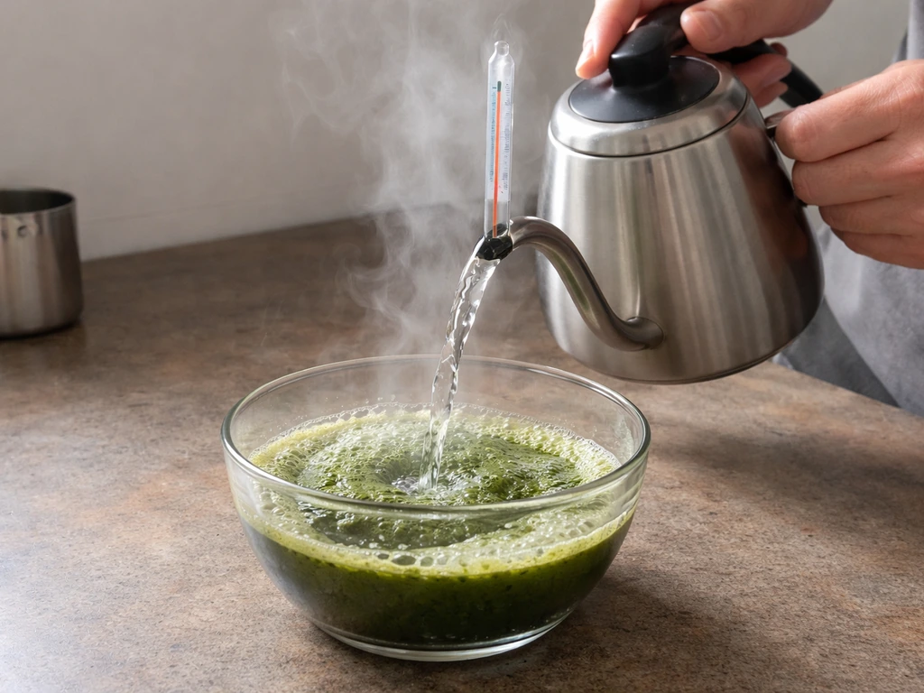 Hand die kokend water in een matcha-kom giet; snel schuimend resultaat als fout door te hoge temperatuur.