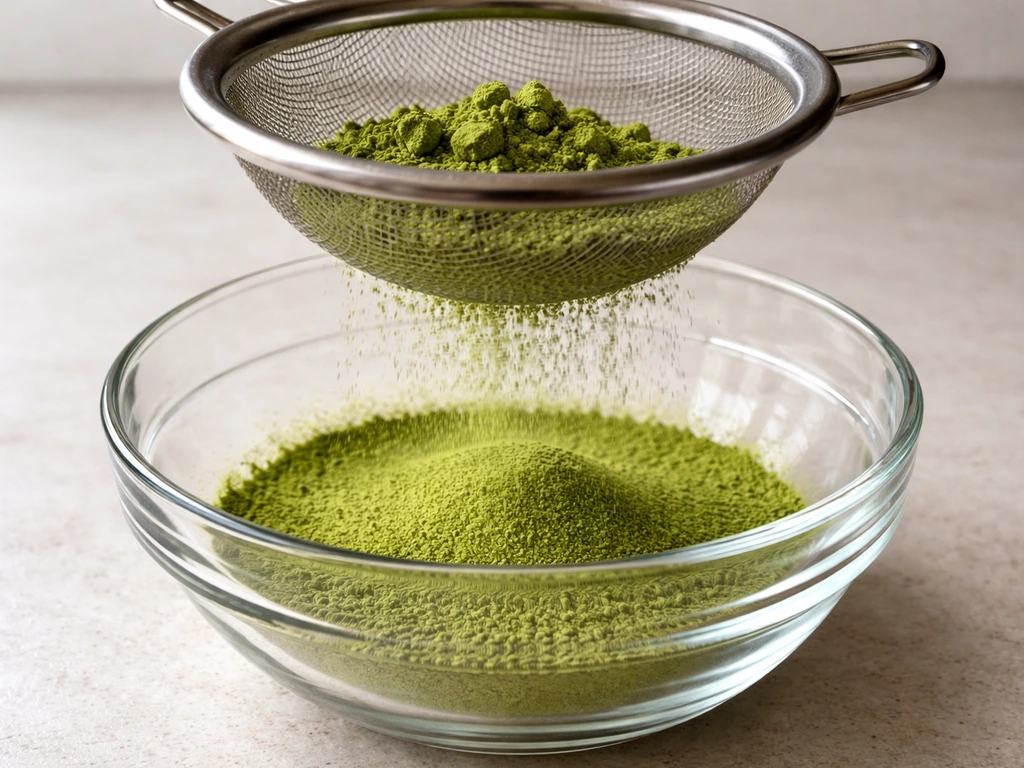 Close-up van een zeef die matcha doorzeeft: klontjes vóór zeven en glad poeder in de kom.