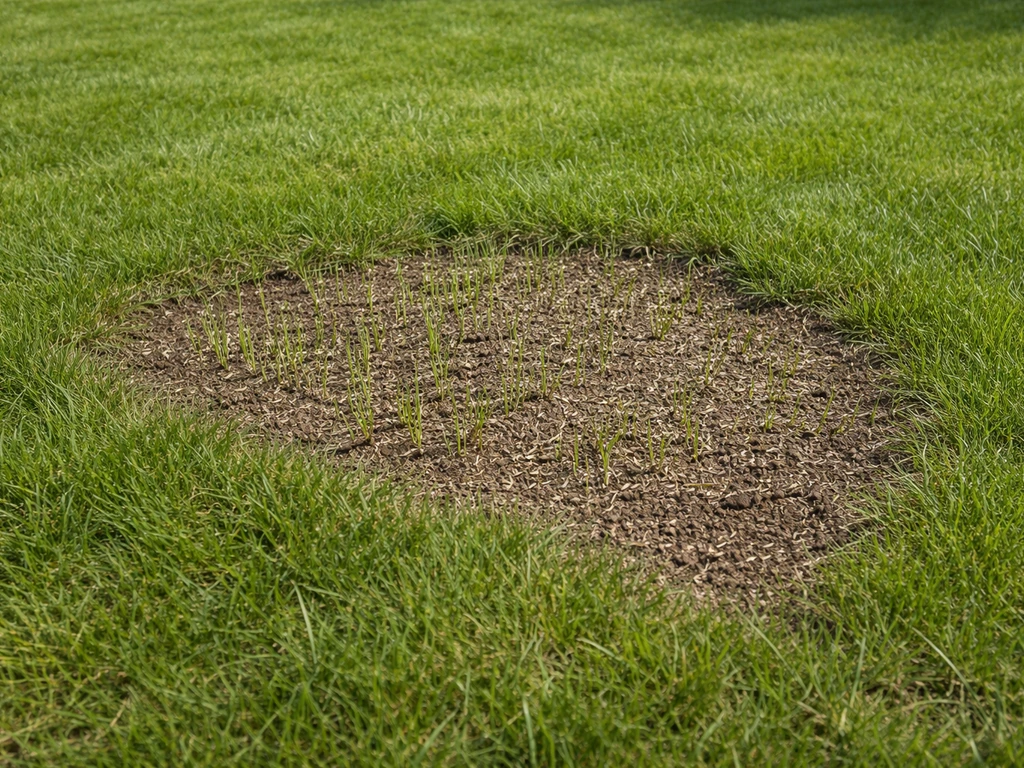 Nederlands gazon met een herstelde, doorgezaaide bruine schadeplek en zichtbare nieuwe grasscheuten.