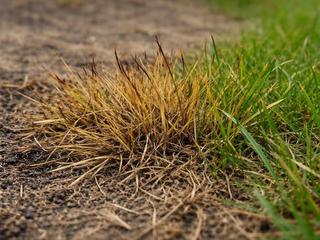 Close-up van bruin en geel droog gras met een subtiele overgang naar nog groenere grassprieten.