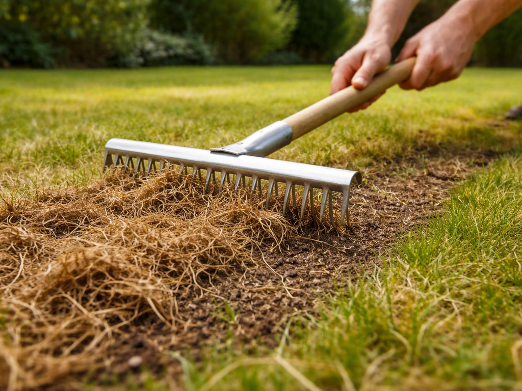 Hand met staalhark in een open, bruinvergraste plek; dode grassprieten worden verwijderd uit de tuin