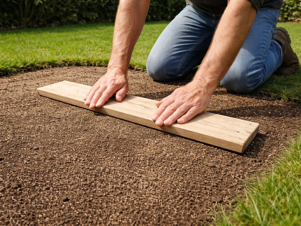 Persoon strooit graszaad uit en drukt het licht aan met een houten plank in de tuin.