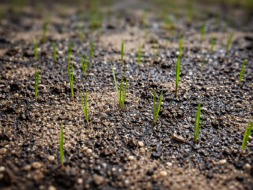 Close-up van ingezaaide grond met jonge grassprietjes en een net bevochtigde, donkere bovenlaag.