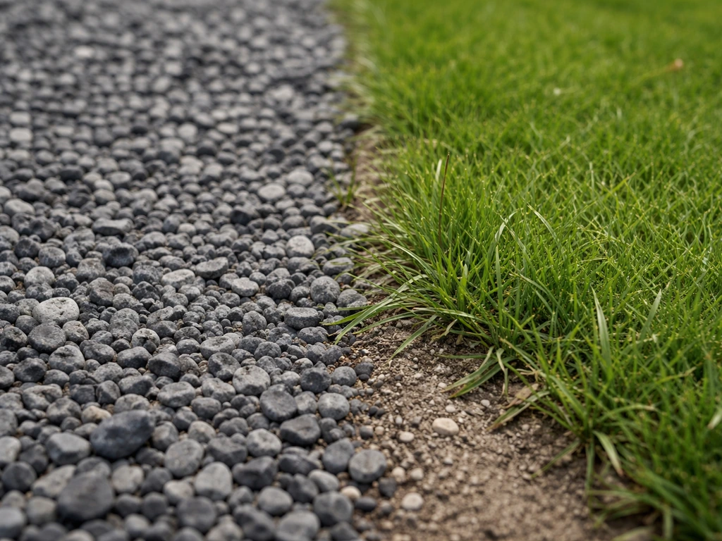 Close-up van grind naast een gazonrand, met grasuitlopers die de grens proberen te bereiken.
