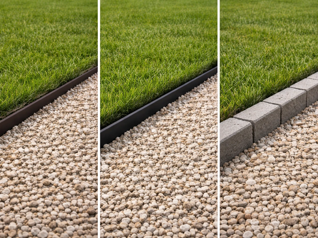 Drie soorten randen naast grind en gazon, met zichtbare hoogteverschillen en inklemming bij een simpele tuinrand.