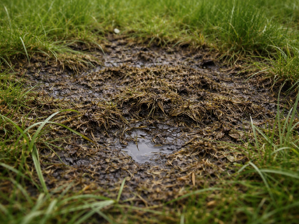 Close-up van een gazonplek met donkere, vochtige plekken en composterend maaisel tussen het gras.