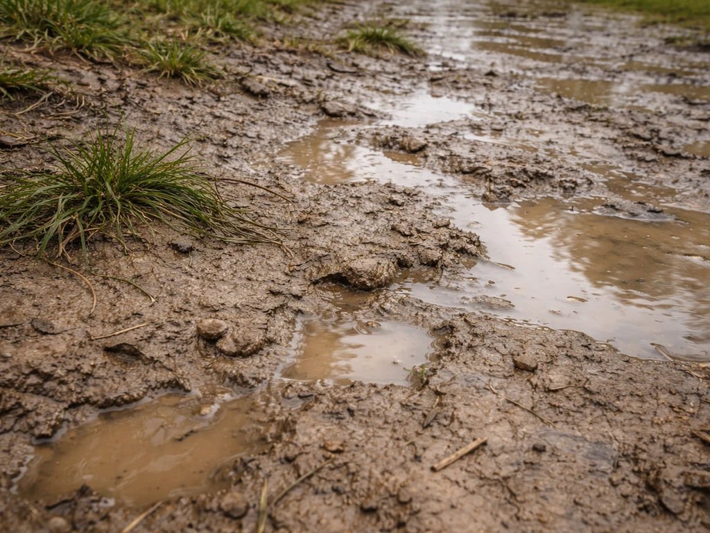 Kleiachtige grond met kleine plassen en blijvend natte plekken na regen, slechte afwatering zichtbaar.