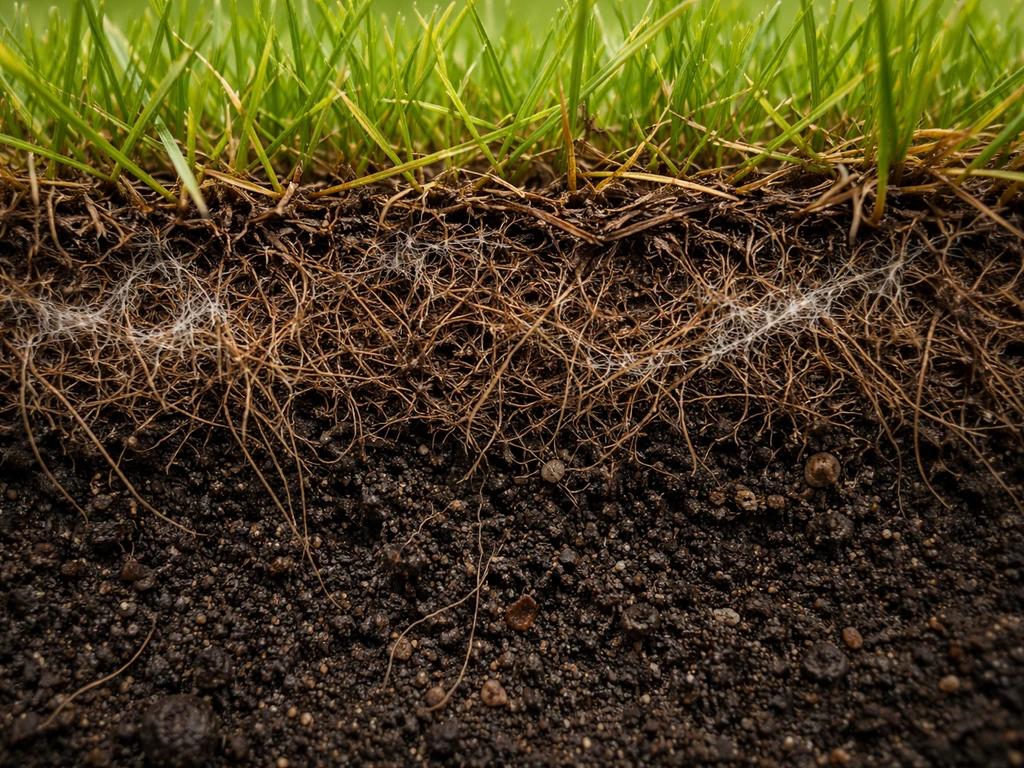 Dwarsdoorsnede van een grasmat met een verdikte bruinzwarte viltlaag tussen groen gras en bodem.