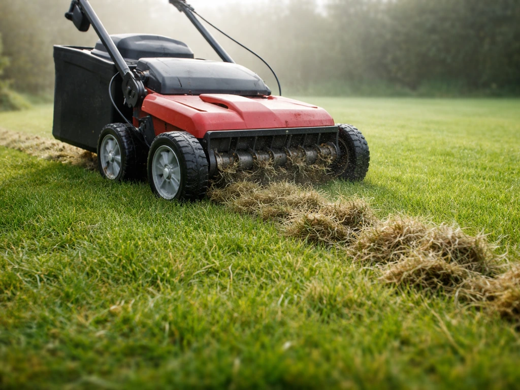 Verticuteermachine snijdt vilt uit het gras; zichtbare viltresten op een groen gazon in natuurlijk daglicht.
