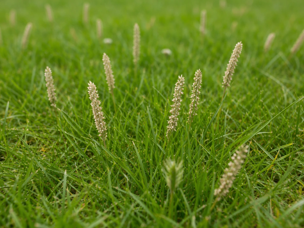 Close-up van Engels gras met uitgebloeide aren en zaadaren op een Nederlands gazon, klaar om te verwijderen.