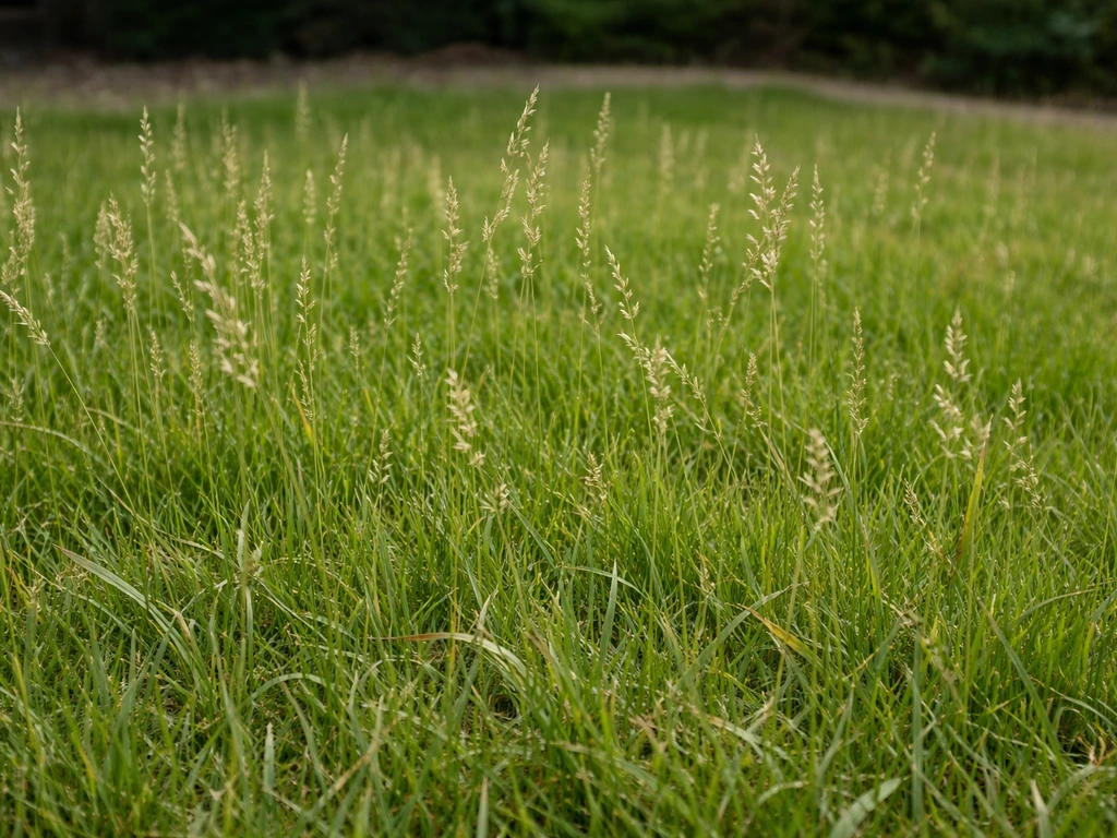 Doorgeschoten gazon met zichtbare aren en weinig blad, in natuurlijk licht op een rustige tuinrand.