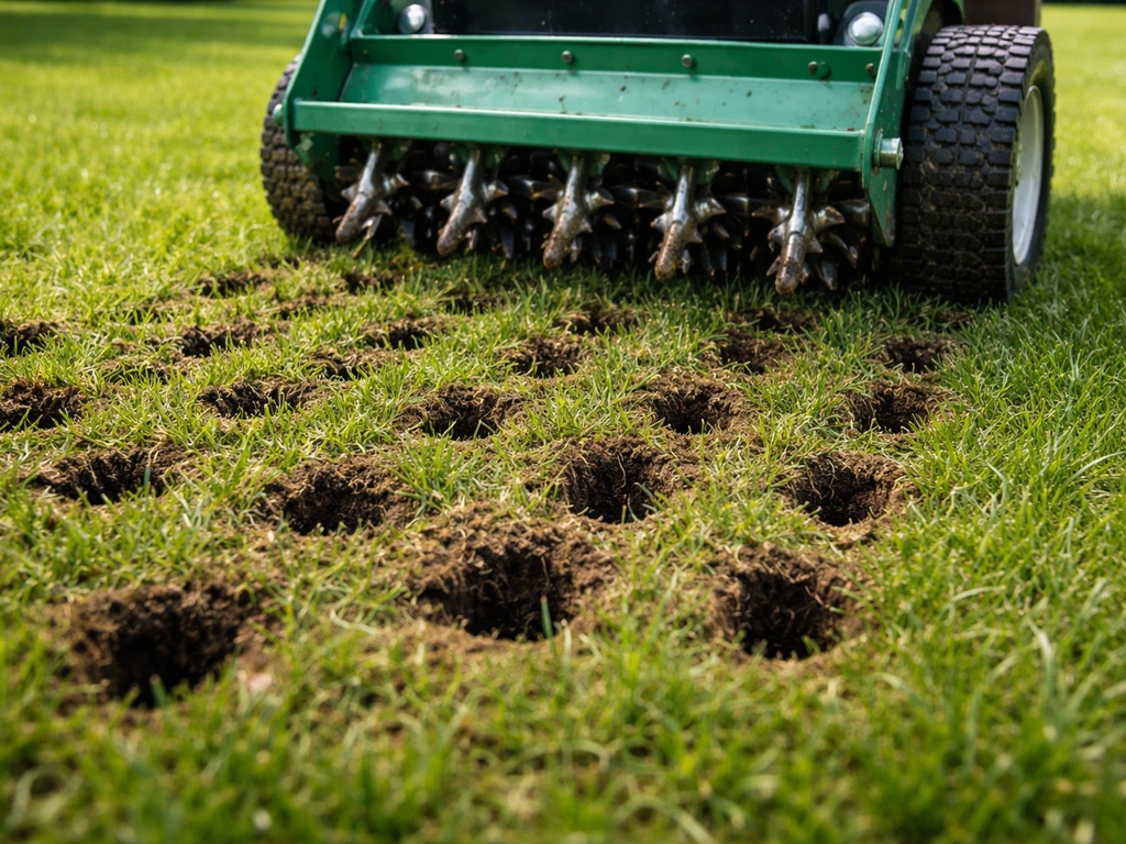 Gazonbeluchter in een dicht grasveld met losse, opengewerkte grondkernen van verdichte bodem