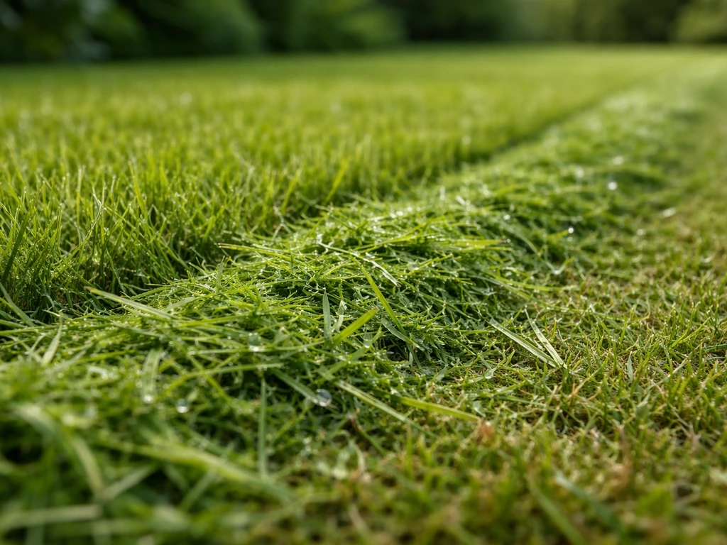 Close-up van vers gemaaid groen gras met vochtig maaisel en frisse, natuurlijke uitstraling.