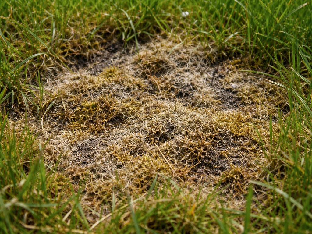 Close-up van een gazon met dikke, sponsachtige viltlaag van mos en dode grasresten tussen het gras
