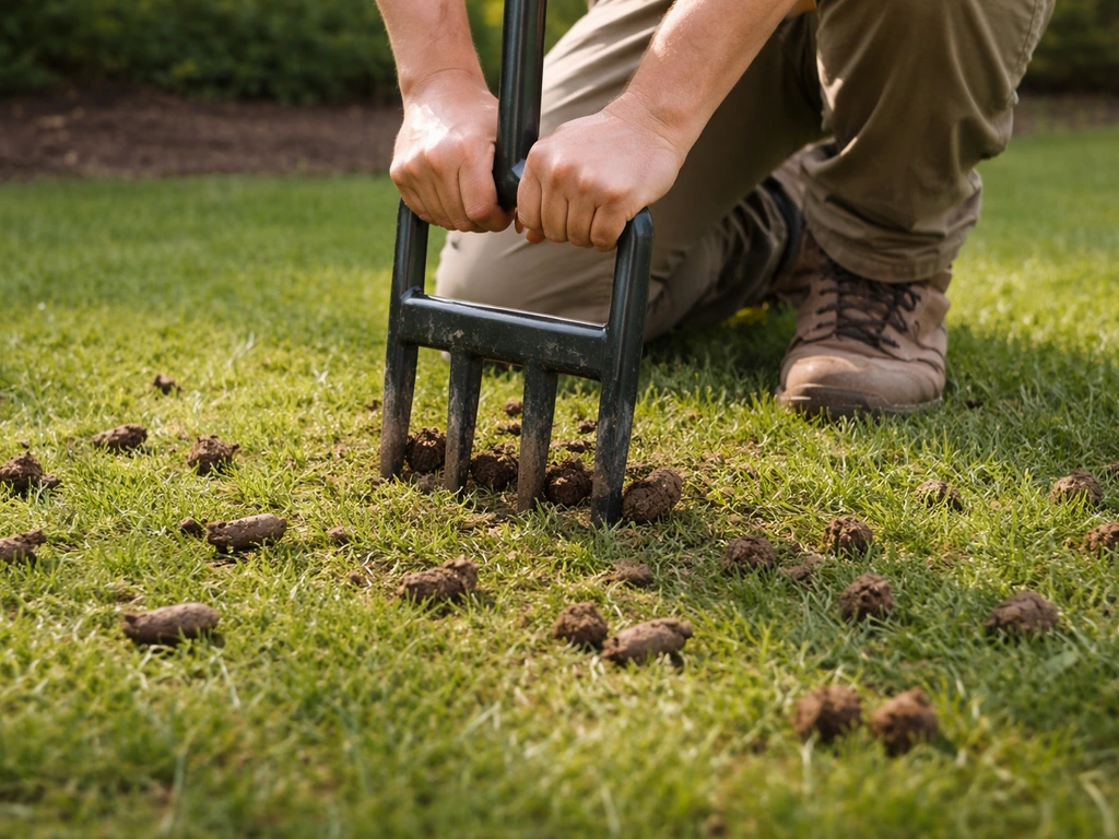 Iemand op de knieën prikt met een beluchtingsvork gaten in het gras in een rustige tuin.