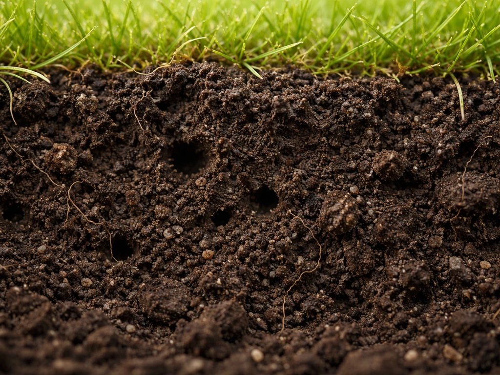 Close-up van kruimelige, donkere bodem onder gazon met luchtige poriën voor wortelgroei.