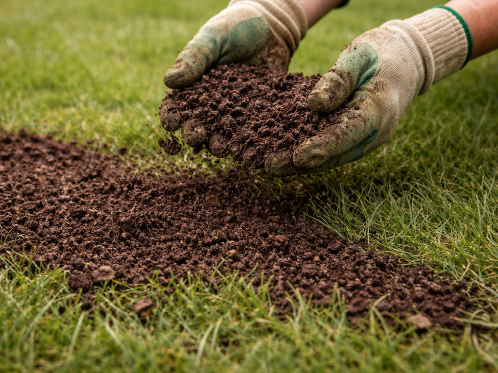Handen scheppen rijpe compost en verspreiden die gelijkmatig op een gazon voor bodemverbetering