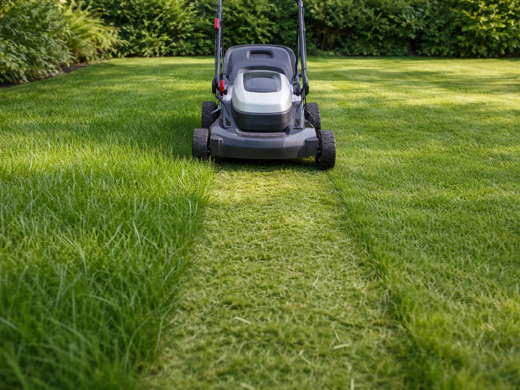Gazonmaaier maait vers, gelijkmatig gras met duidelijk ‘niet te laag’ maaihoogte in een rustige tuin.