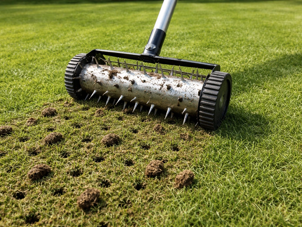 Tuinman maakt met een beluchter gaatjes in het gras zodat lucht en water beter bij de wortels komen.