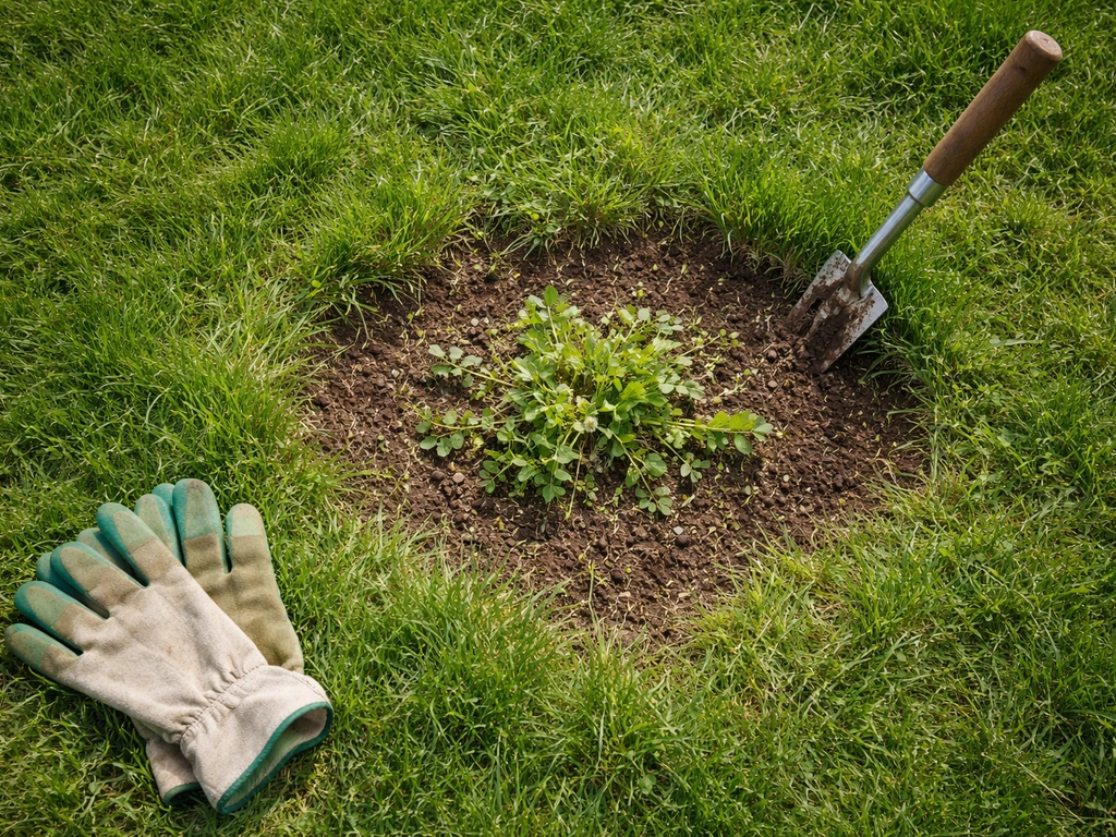 Bovenaanzicht van groen gazon met onkruidplekje, onkruidsteker in de aarde en werkhandschoenen op het gras.