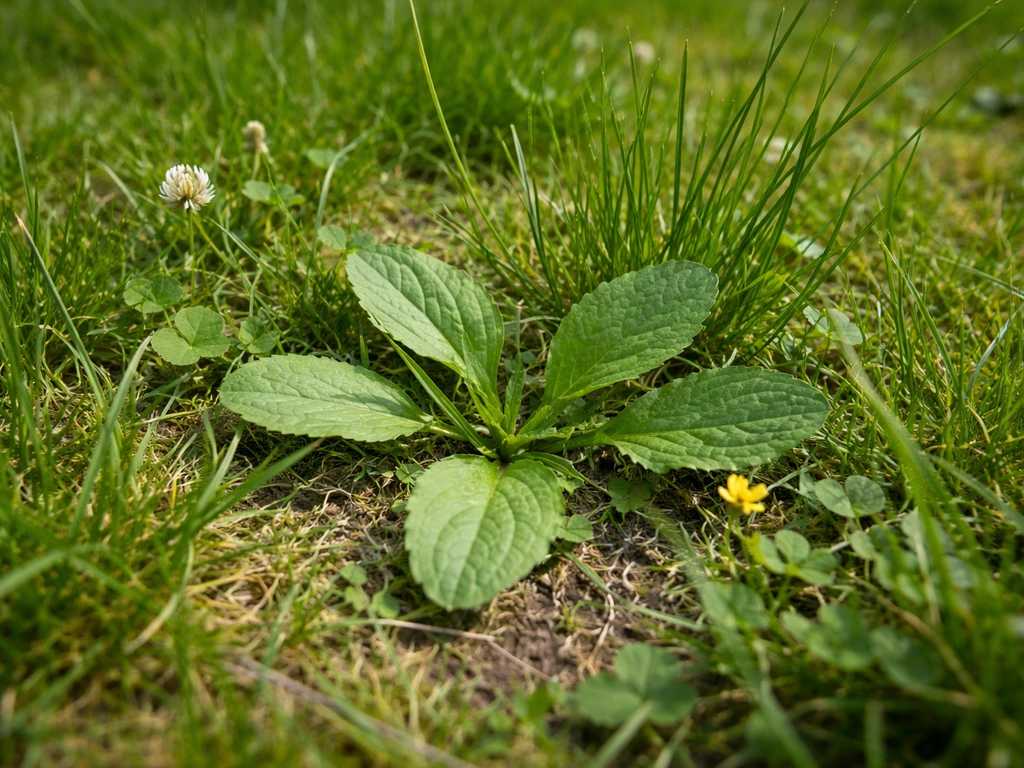 Close-up van onkruid en grassprieten in een gazon, met duidelijk contrast tussen bladvormen.