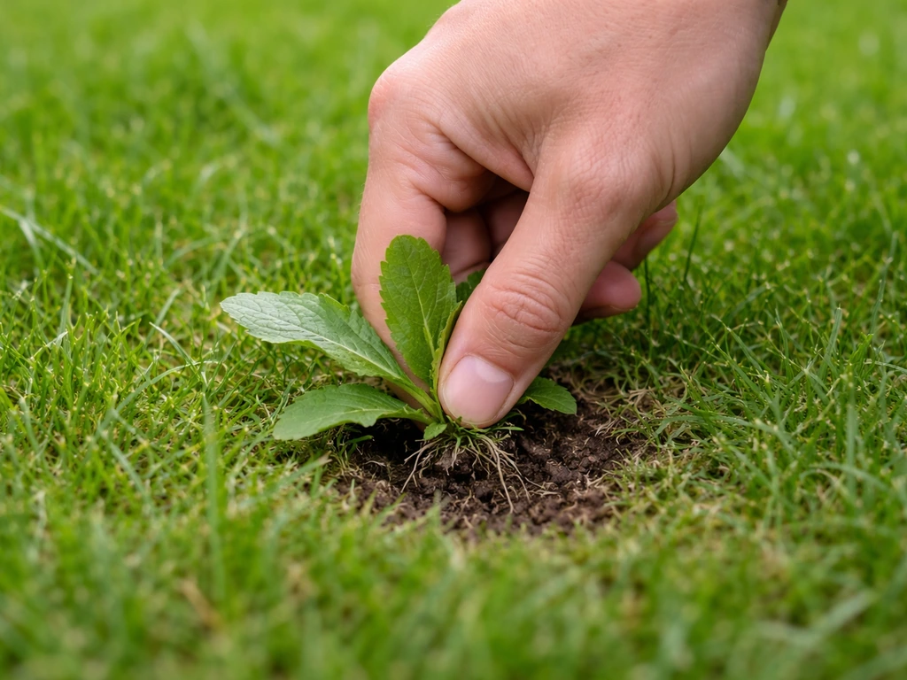 Hand die een breedbladig onkruid voorzichtig uittrekt uit het gras, met zichtbare grond en intact gazon.