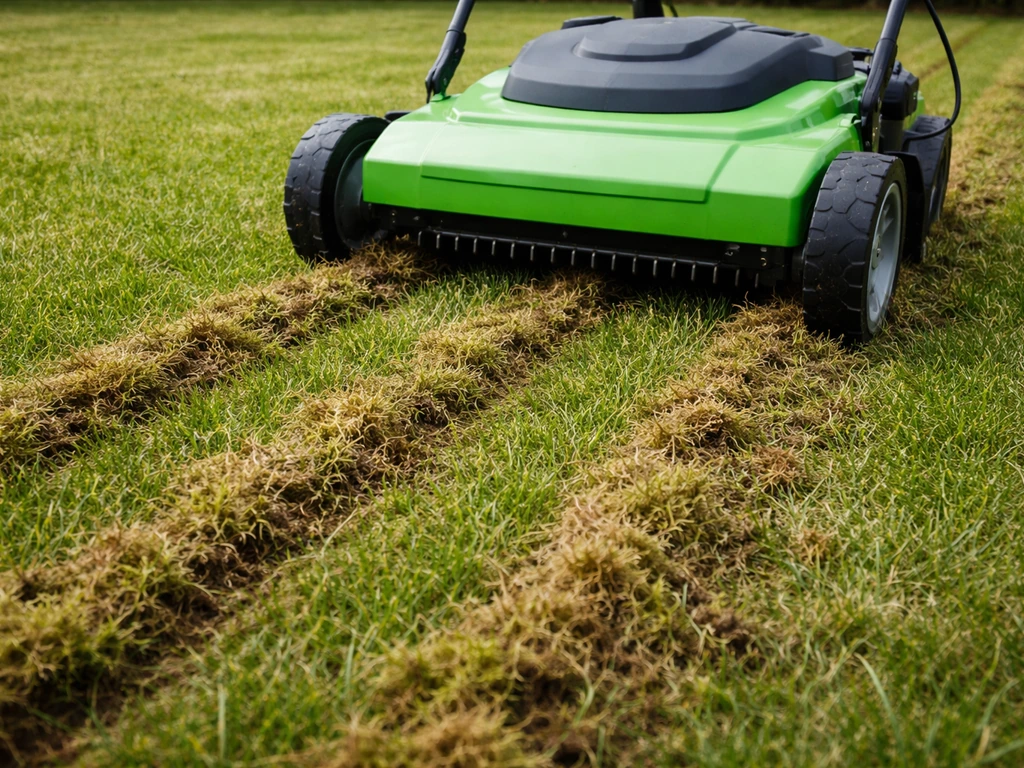 Groene verticuteermachine die vilt en mos uit het gazon snijdt, met zichtbare sleuven in de toplaag.