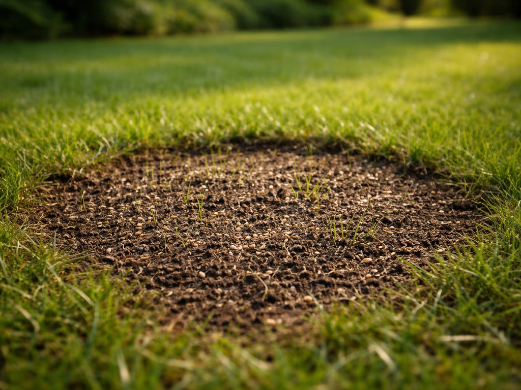 Doorgezaaide kale plek in een gazon met licht ingelegd vers graszaad en aarde, bij daglicht