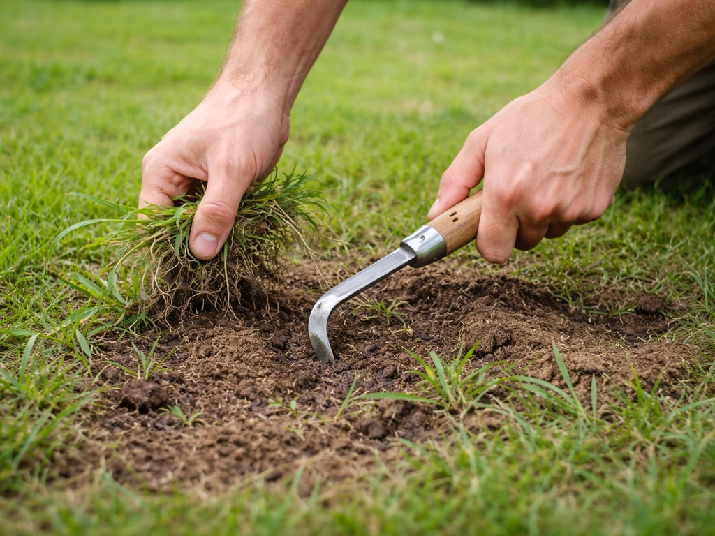 Handen met wiedhakje verwijderen losse uitlopers uit een aangetast stukje gazon in de tuin.